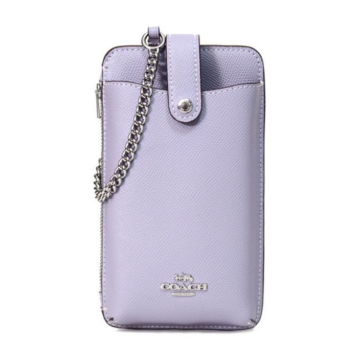 COACH 時尚金屬鍊條短夾皮夾手機包 淡紫色 C6884 SV/M4