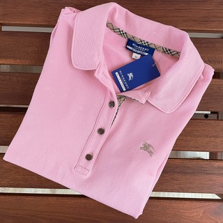 日本藍標瑕疵品．BURBERRY BLUE LABEL 女款 短袖 POLO衫．戰馬LOGO．領口經典格紋．粉紅色