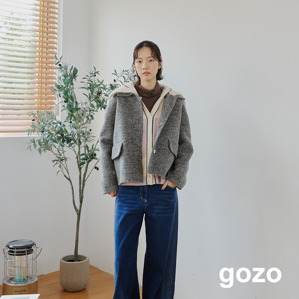 【gozo】可拆式 兔毛領 羊毛 大衣(卡其/灰色_F) | 女裝 修身 保暖 冬天外套 保暖外套 羊毛外套