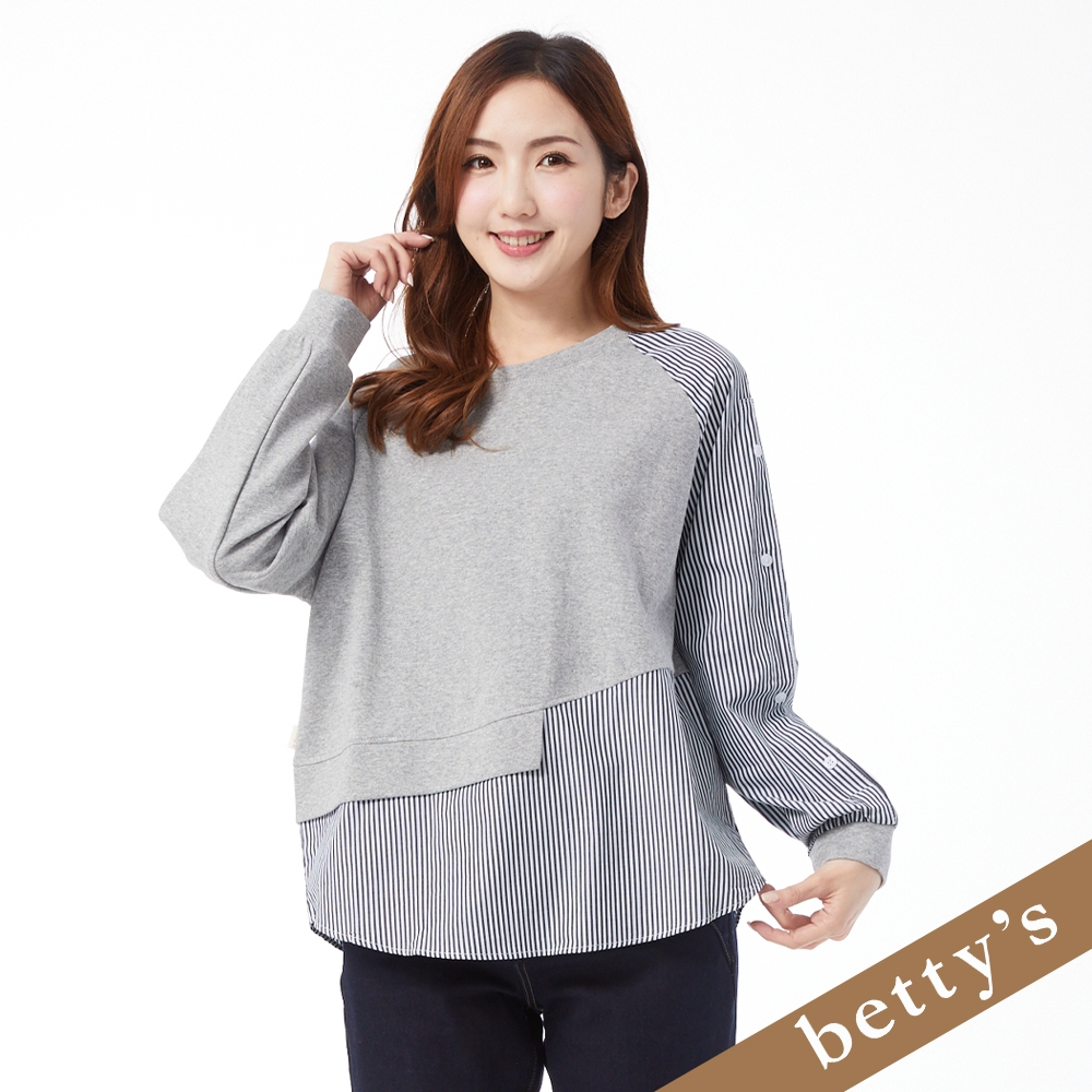 betty’s貝蒂思(25)條紋拼接落肩長袖上衣(淺灰色)