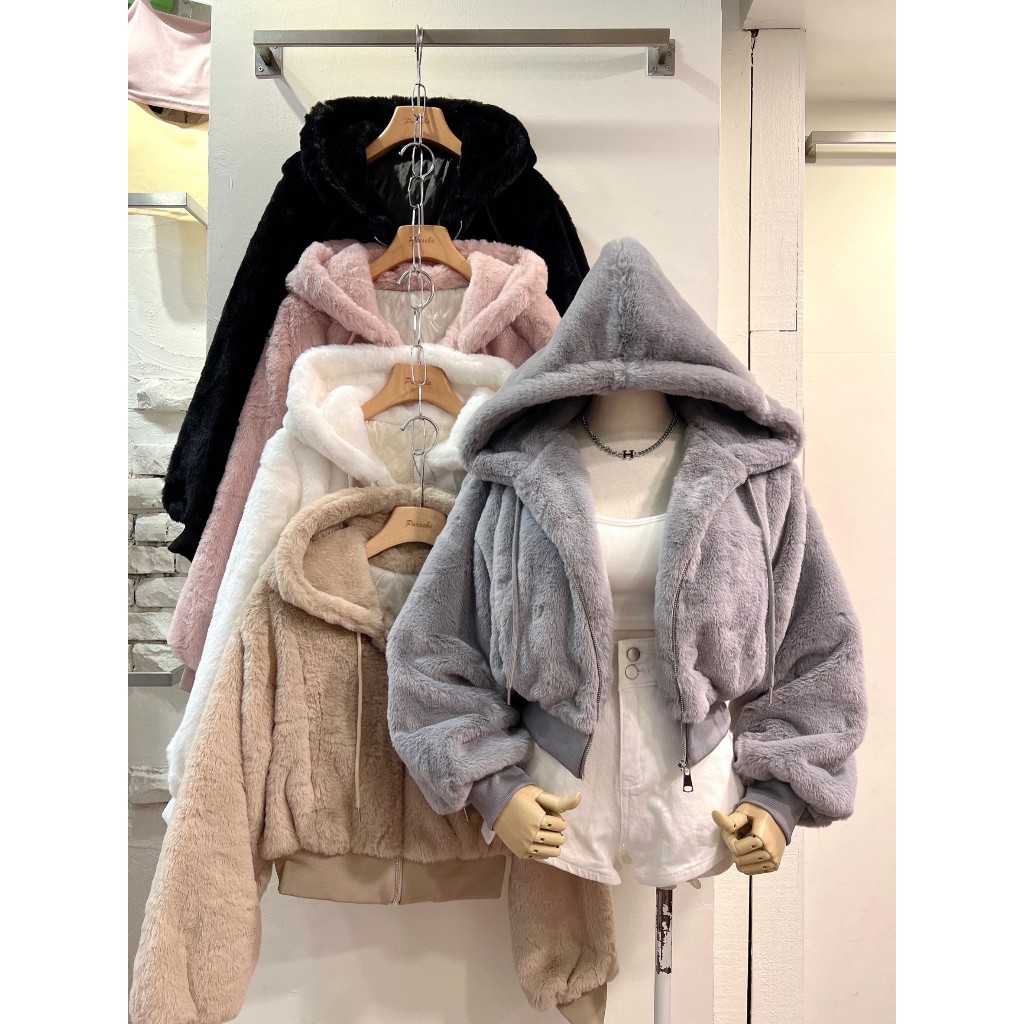 (現貨)韓版 百搭質感 毛絨絨 熊寶寶 口袋 短版 連帽 外套 超保暖 寬鬆遮肉 熊寶寶  女生外套