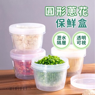 圓形蔥花保鮮盒 雙層可瀝水備菜儲物盒 蔥薑蒜佐料分類保鮮盒 透明密封備料收納盒 廚房配料圓形密封盒 小天良品