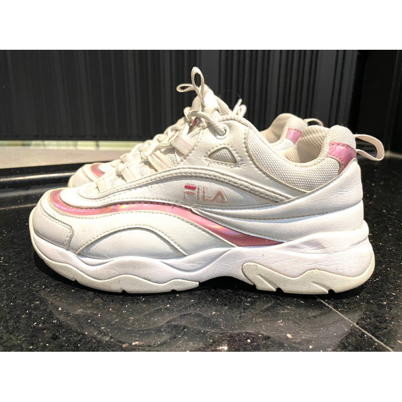 二手 - Fila Ray SHINY PINK 雷射 白粉厚底增高女款老爹鞋 老爹鞋 休閒鞋 球鞋 粉色鞋