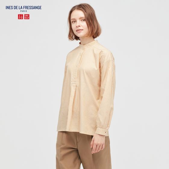 UNIQLO Ines de la Fressange聯名女裝 棉質斜紋條紋半開襟長袖襯衫 鵝黃 S號 445562