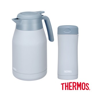 【THERMOS膳魔師】不鏽鋼淺墨藍按壓式保溫壺1500ml+保溫杯400ml(THS-1501+JCG-400)