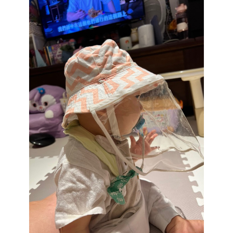 二手💕👶新生兒寶寶兒童純棉防疫帽遮陽帽草莓帽雙面可拆黏貼式食品級寶寶面罩兒童面罩