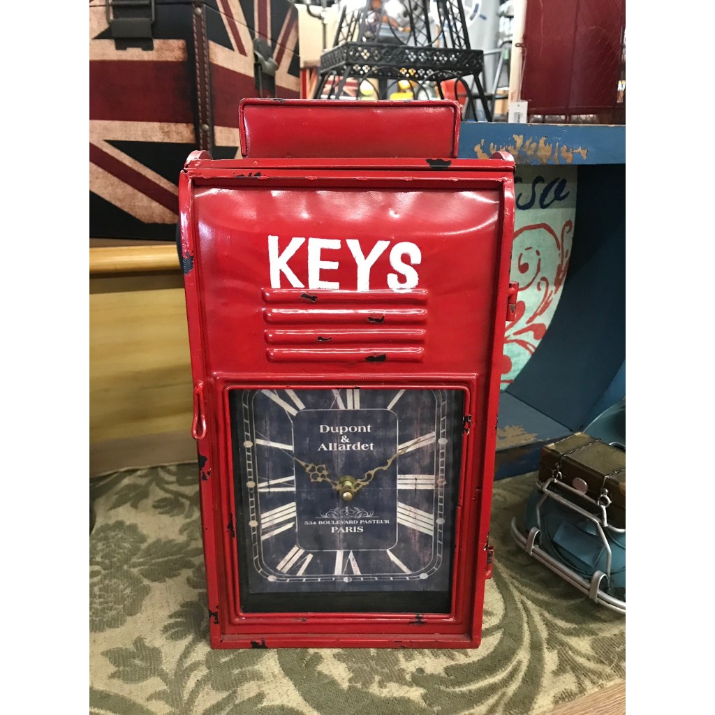 【歐舍傢居】工業風時鐘 LOFT 仿舊紅色桌鐘 刷舊鑰匙盒 美式時鐘 做舊鐵藝桌鐘 仿古桌鐘 仿古鑰匙盒