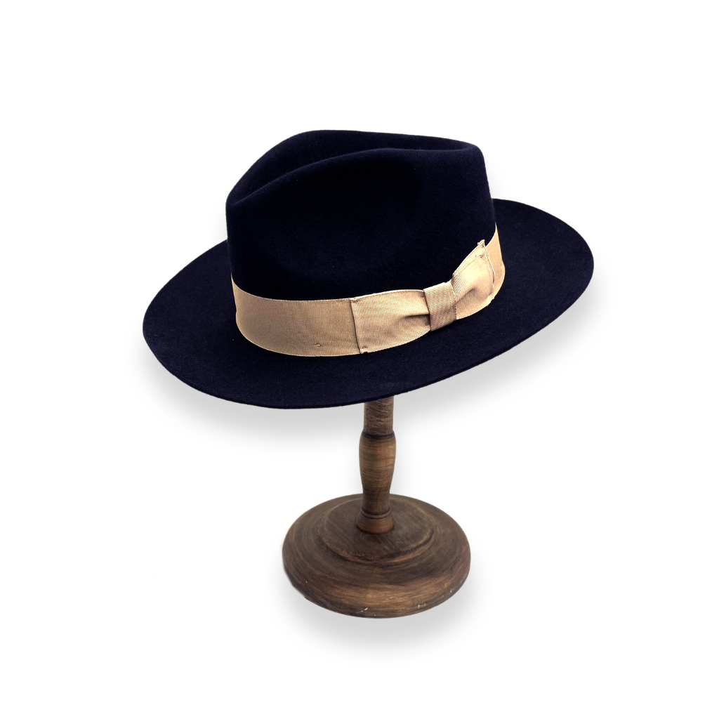 ☆Yango Wu☆ 紳士帽-大帽沿 fedora 訂製款 深藍色款 兔毛製作 緞帶更換駝色 編號:006531