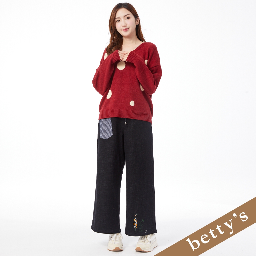 betty’s貝蒂思(25)腰鬆緊條紋口袋刺繡牛仔寬褲(黑色)