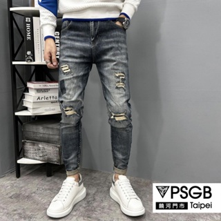 PSGB Taipei - J-0883 五破補刷舊窄褲 -型男-長褲-牛仔褲-修飾線條- 丹寧布 - 現貨