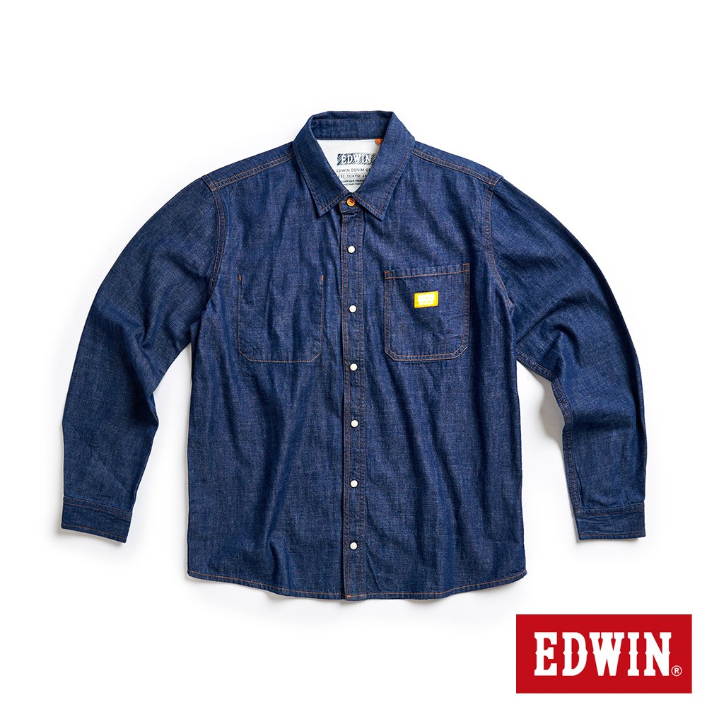 EDWIN 橘標 水洗貼袋設計長袖襯衫(原藍色)-男款