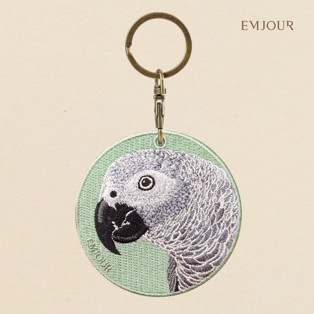EMJOUR 雙面刺繡吊飾 - 非洲灰鸚鵡 | 鳥 鳥類 寵物鳥 寵物 動物 紀念品 禮物 鑰匙圈 包包配件 裝飾