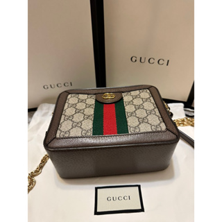 《9成新》GUCCI 經典Ophidia系列帆布印花皮革飾邊拉鍊手 提/斜背包(棕色）