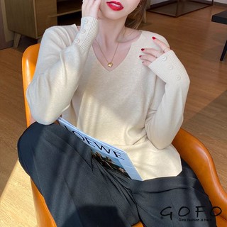 GOFO 長袖上衣 韓系穿搭 顯瘦修身 素面百搭 V領薄款針織衫 袖子3扣 打底針織衫 女生上衣 女裝衣著 春季服飾