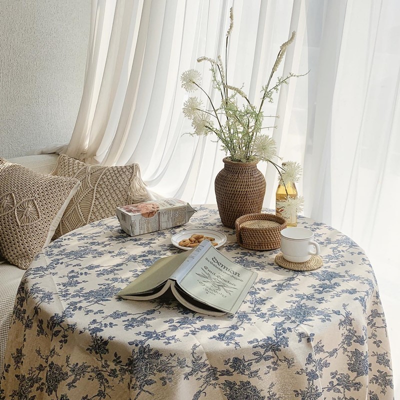 棉麻藍碎花桌布 棉麻布 野餐布 桌布 茶巾 桌巾 掛布 背景布 居家裝飾 拍照道具