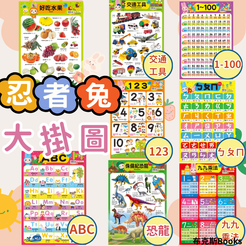 【幼福】掛圖 學習掛圖 忍者兔學習掛圖 ㄅㄆㄇ  ABC 1~100九九乘法 海洋生物 好吃水果 交通工具 123