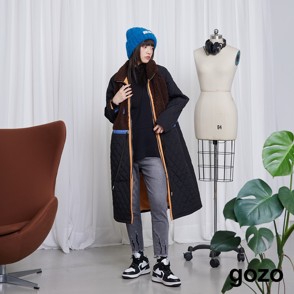 【gozo】QQ毛拼接 菱格配色 鋪棉大衣(黑色/藍色_F) | 女裝 修身 保暖 冬天大衣 鋪棉外套 冬天外套