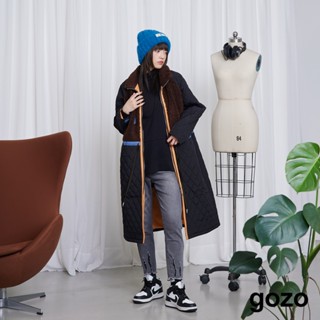 【gozo】QQ毛拼接 菱格配色 鋪棉大衣(黑色/藍色 F) | 女裝 修身 保暖 冬天大衣 鋪棉外套 冬天外套