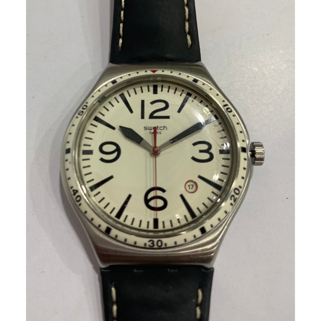 WA 瑞士名牌 SWATCH 二手 瑞士製 經典 YWS403C 圓面 黑色原裝小牛皮錶帶 中性 腕錶