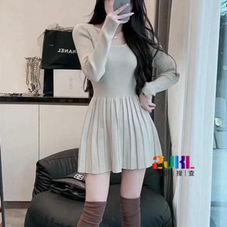 #L13822 秋冬簡約氣質包心紗針織百褶短洋 質感保暖彈力修身長袖連衣裙 日常U領舒適百搭洋裝
