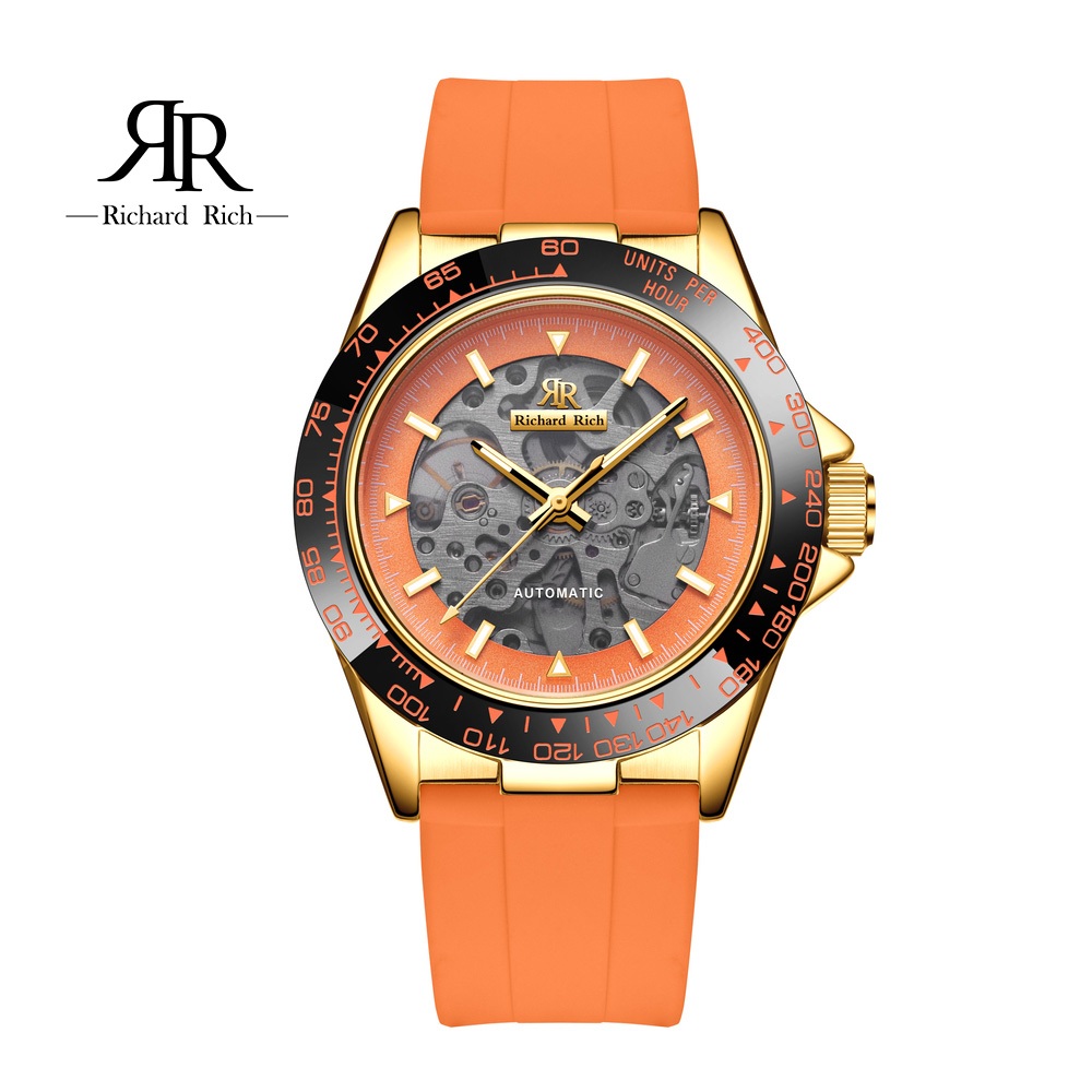 ⏰ACE⏰【Richard Rich】RR 海軍上將系列 耀眼橘縷空錶盤自動機械氟矽膠腕錶