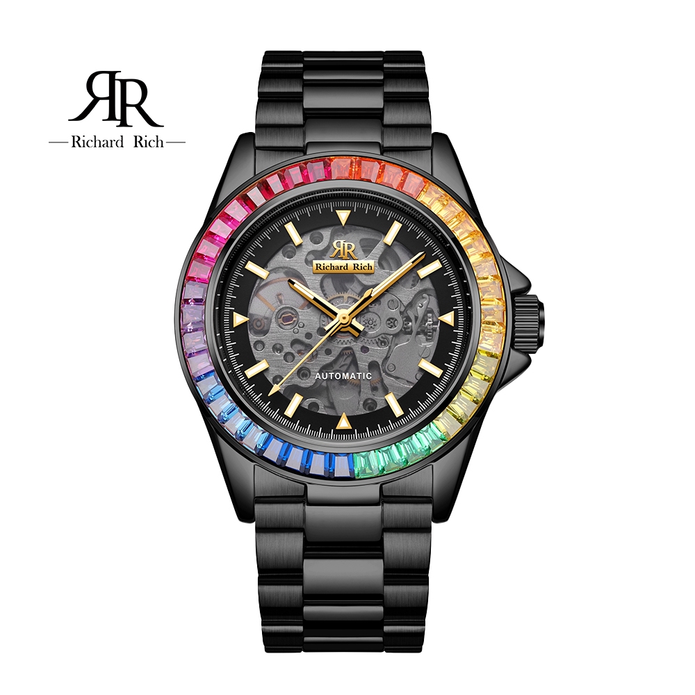 ⏰ACE⏰【Richard Rich】RR 海軍上將系列 暗夜黑彩鑽圈縷空錶盤自動機械不鏽鋼腕錶