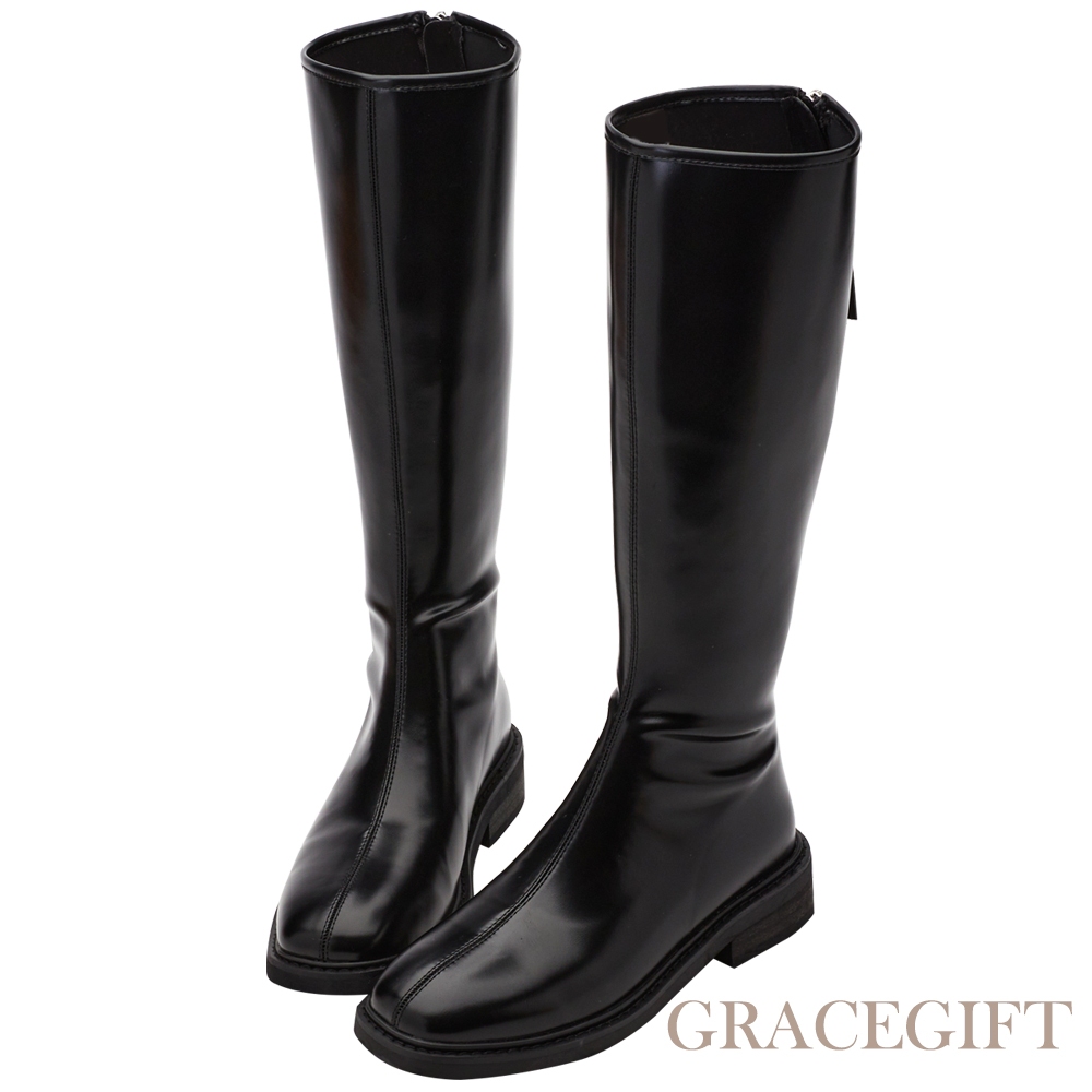 【Grace Gift】簡約後拉鍊低跟長靴