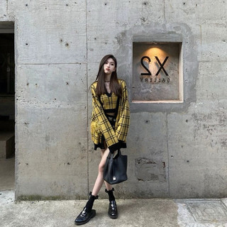 《Lei Fei》 秋冬黃格紋針織外套背心套裝