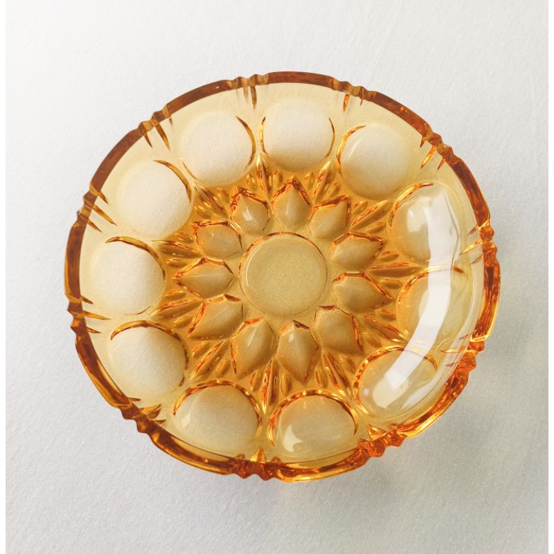 老木青 |就這麼美！早期昭和透光琥珀刻紋玻璃盤 溫暖陽光色澤 玻璃器皿 復古收藏