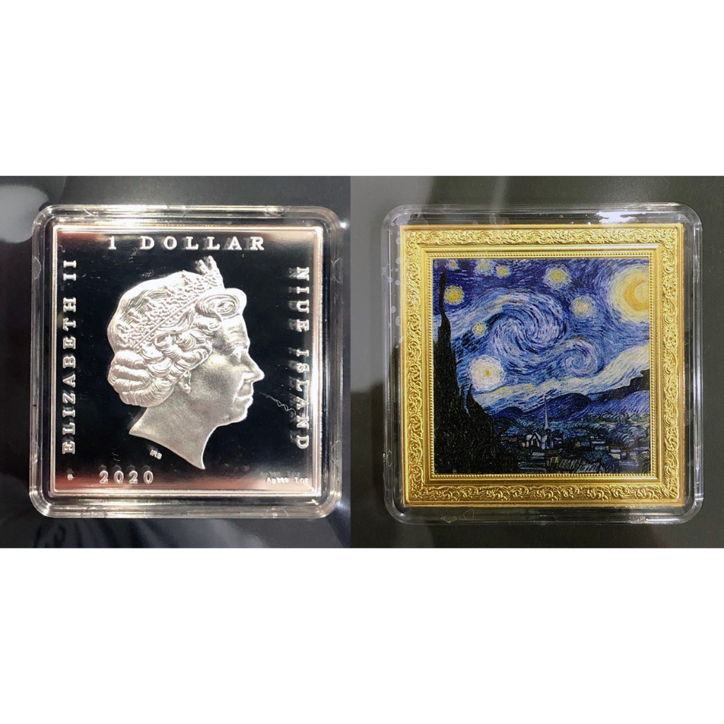 全新2020年紐埃世界珍寶系列-荷蘭畫家文森特·梵谷《星空》1盎司彩色銀幣-原盒原證-PROOF-發行量999枚