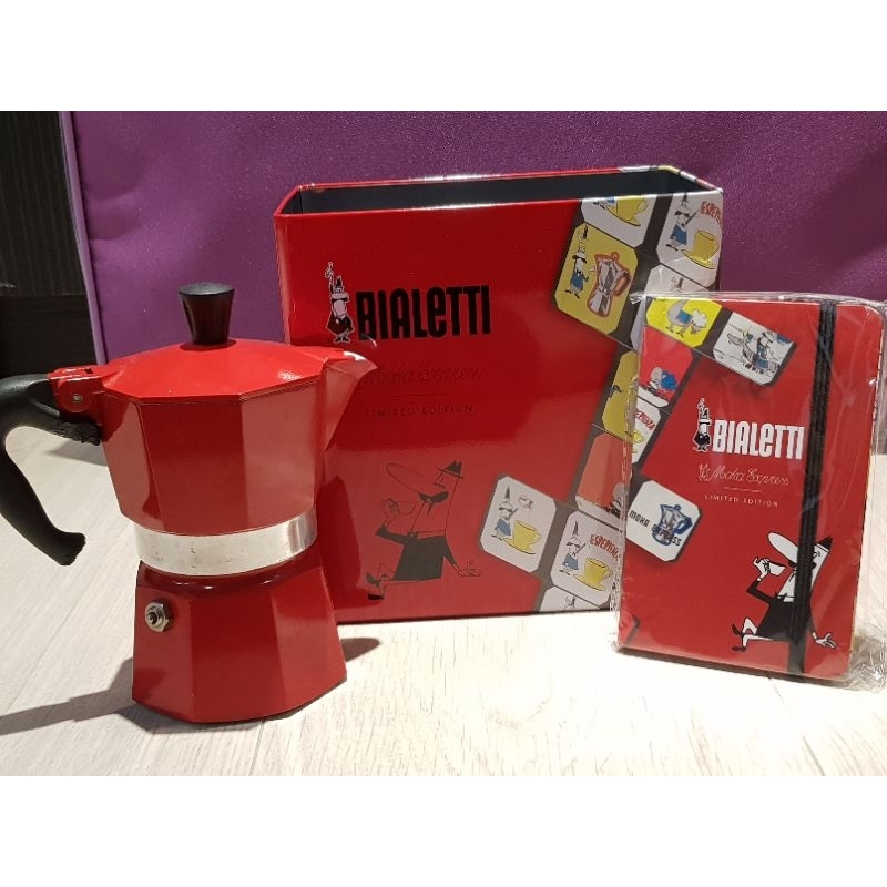 9成新 含鐵盒+筆記本 紀念版義大利Bialetti Moka Express復刻紅經典摩卡壺(MOKA)咖啡壺濃縮咖啡