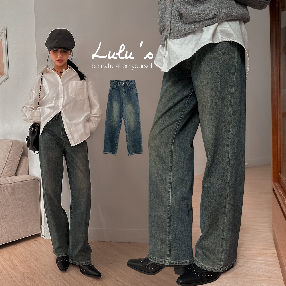 LULUS/韓國復古刷色直筒長褲S-L藍【A04230200】231130