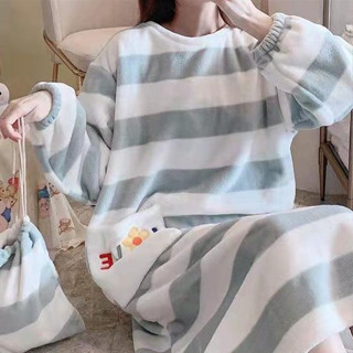 FUXI 睡裙女 珊瑚絨連身睡裙女 冬季 韓版 甜美公主風 長裙 法蘭絨睡衣 保暖睡衣 家居服