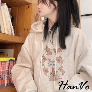 【HanVo】可愛兔兔PARTY寬鬆帽T 美式慵懶風寬鬆上衣 韓系女裝 女生衣著 0508