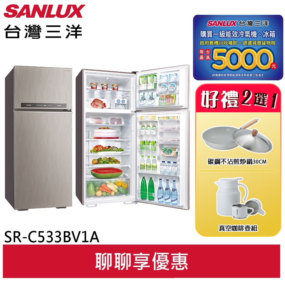 SANLUX【台灣三洋】533L 采晶鏡面變頻二門電冰箱 SR-C533BV1A((輸碼95折 ZN0C94IKIS)