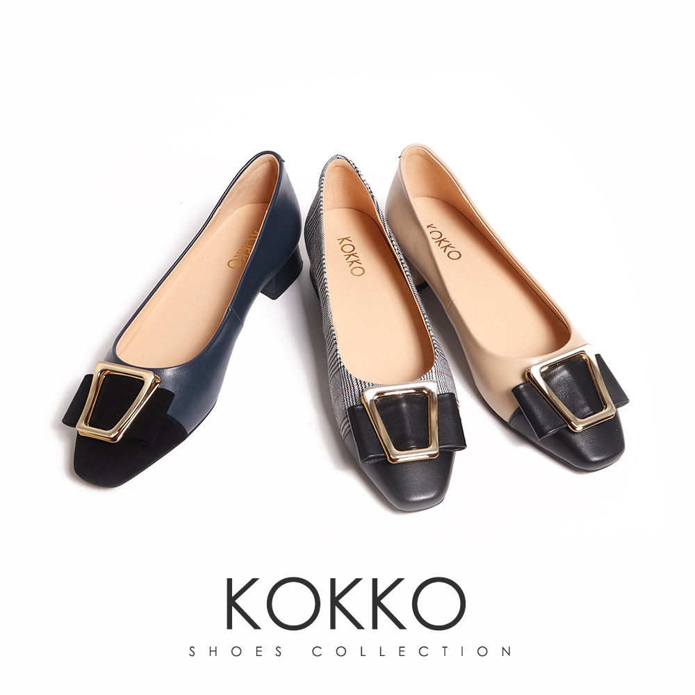 KOKKO金屬飾扣氣質拼接方頭低跟包鞋