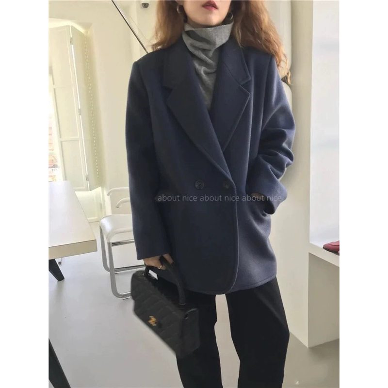 近新～正韓🇰🇷設計師SIENNE BOUTIQUE 時髦羊毛西裝大衣外套（藏藍色）