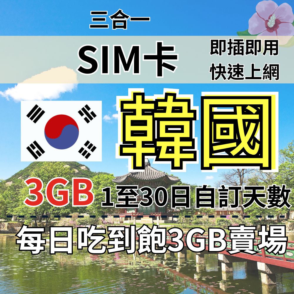 3GB 1至30日自訂天數  吃到飽韓國上網 韓國旅遊上網卡 韓國上網SIM卡 韓國旅遊上網卡 韓國上網 韓國SIM卡