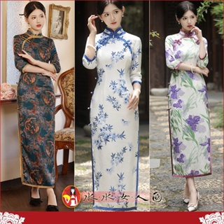 印花七分袖長旗袍 復古中國風經典改良式 時尚側八扣修身顯瘦日常穿搭連身裙洋裝S-4XL加大-三色-水水女人國