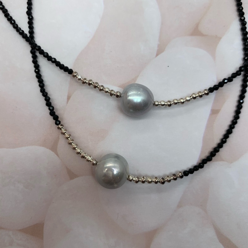 🎀小小飾品🎀 （特價福利）天然海水珍珠項鍊 真多麻珍珠搭配黑色刻面尖晶石項鍊