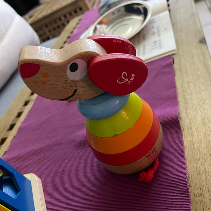 hape 木製彩虹圈圈狗 形狀顏色配對 多面玩具