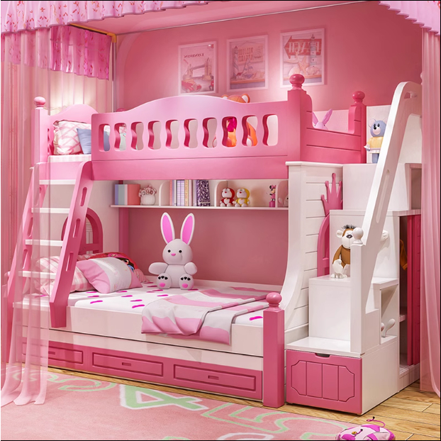 【優質新品  可議價 代客安裝】兒童床上下床 雙層床 女孩公主床　粉色高低鋪床 子母床　帶滑梯床多功能