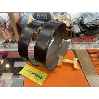 ✈巴黎全新代購✈HERMES 愛馬仕 H logo 黑色拼灰色雙面金色亮面H釦 皮帶 腰帶 95cm 38mm寬