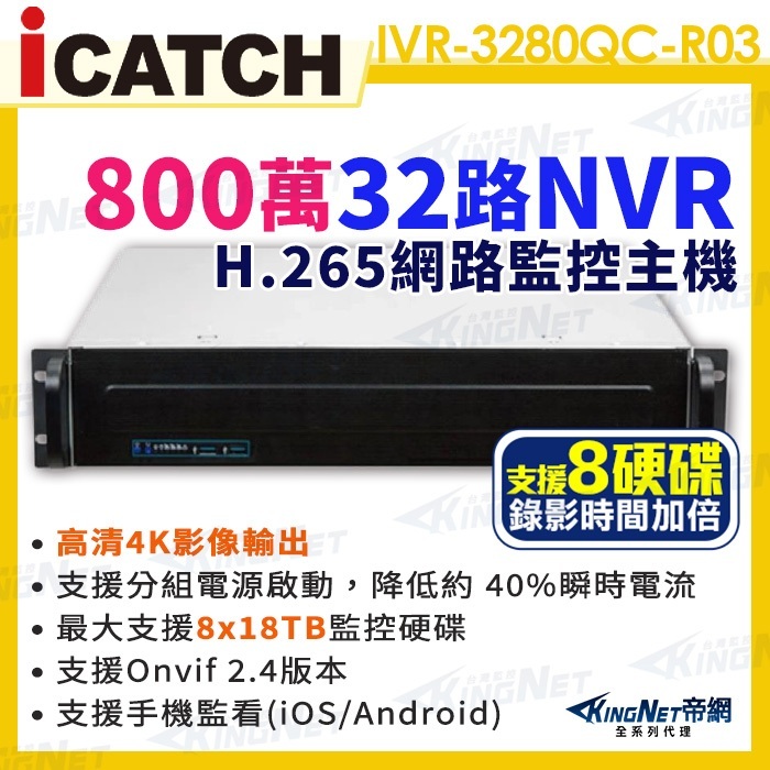 ICATCH 可取 32路 800萬 NVR IVR-3280QC-R03 ULTRA  4K 支援8顆監控硬碟