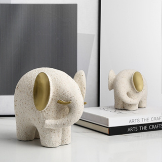 北歐極簡風砂岩抽象金耳小象擺飾 客廳電視櫃兒童房桌面創意裝飾品