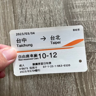 2023 112年3月4日 高鐵票 台中台北 收藏品 車友 高鐵