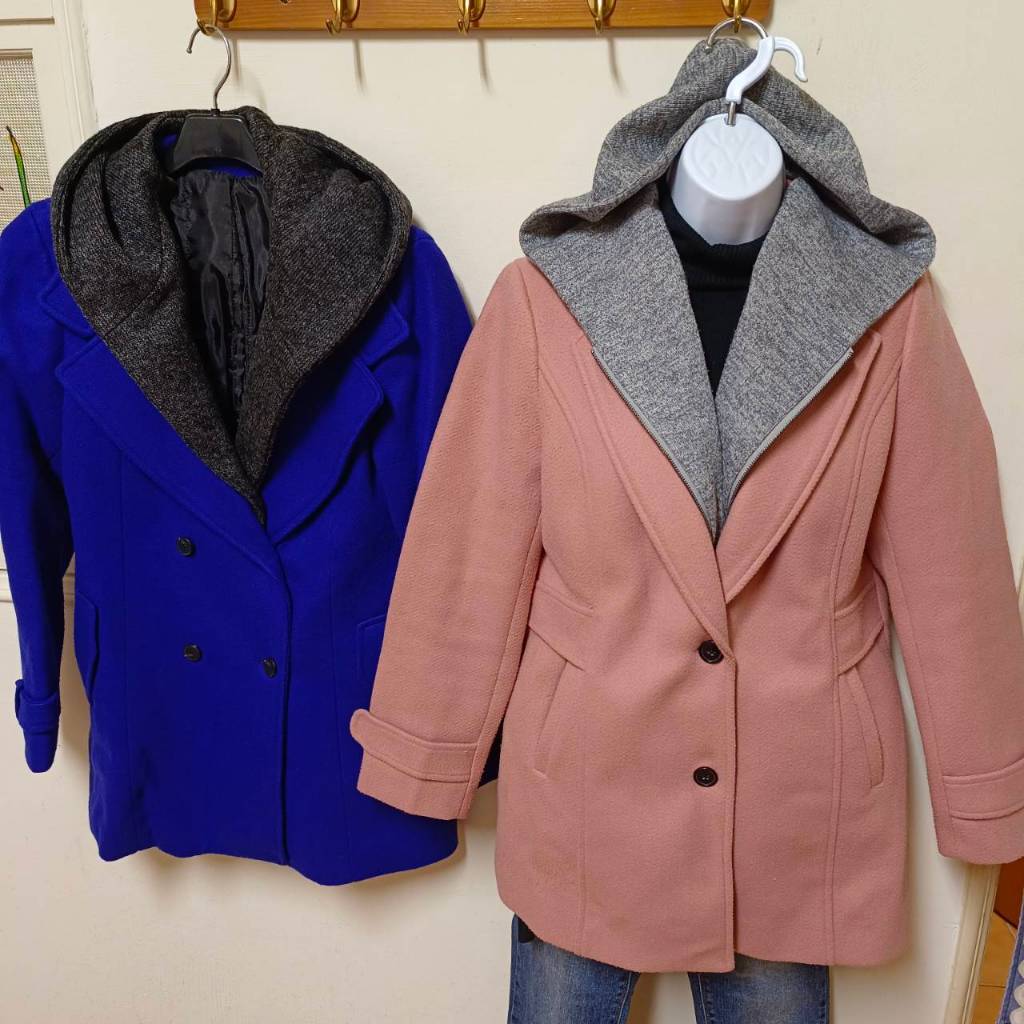 🎈二手女裝🎈韓國帶回 西裝領假兩件大衣外套 M 藕粉色 羊毛長版大衣 連帽外套 厚款