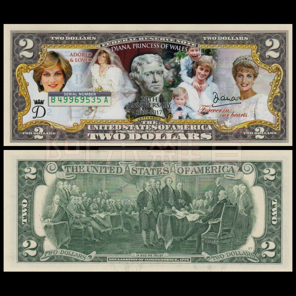 麥擱問阿 彩色版真鈔 英國 黛安娜王妃逝世20年紀念 2美元 美金美元 混合塑料 鈔票 美國 非現行流通