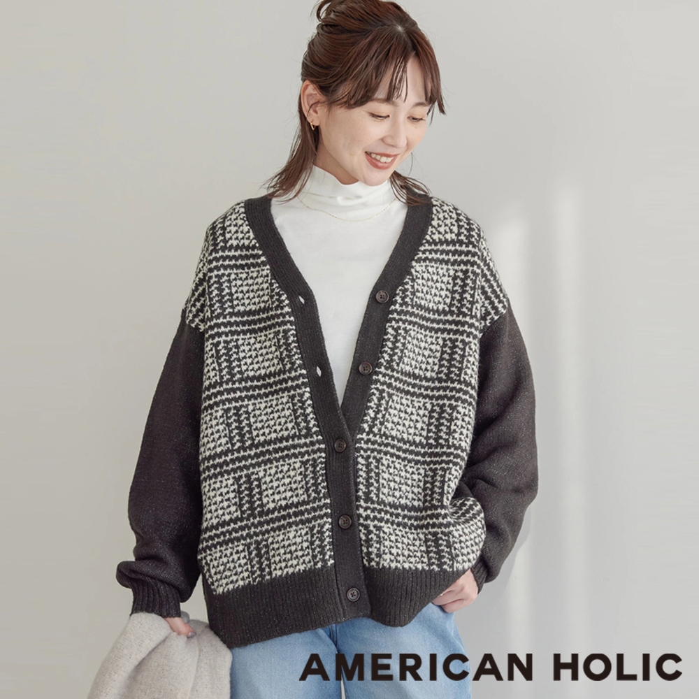 AMERICAN HOLIC 格倫格紋V領針織開衫外套(HC37L2D05L0)