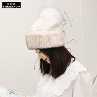 (時尚單品帽子)韓版保暖兔毛混紡針織狐狸毛球護耳帽
